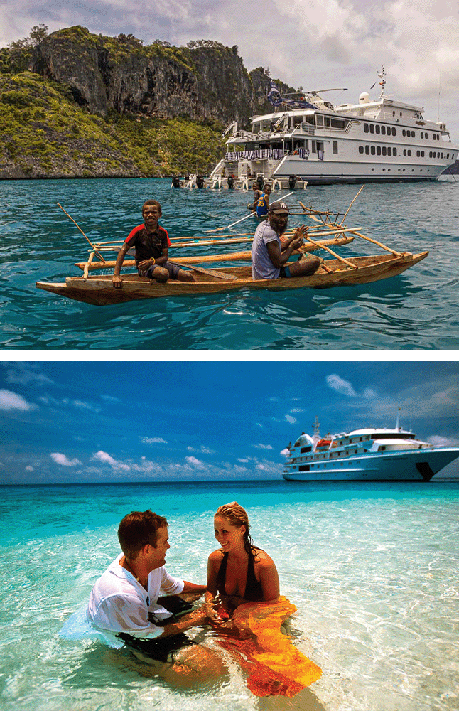 Two men on a small fishing boat in the ocean.